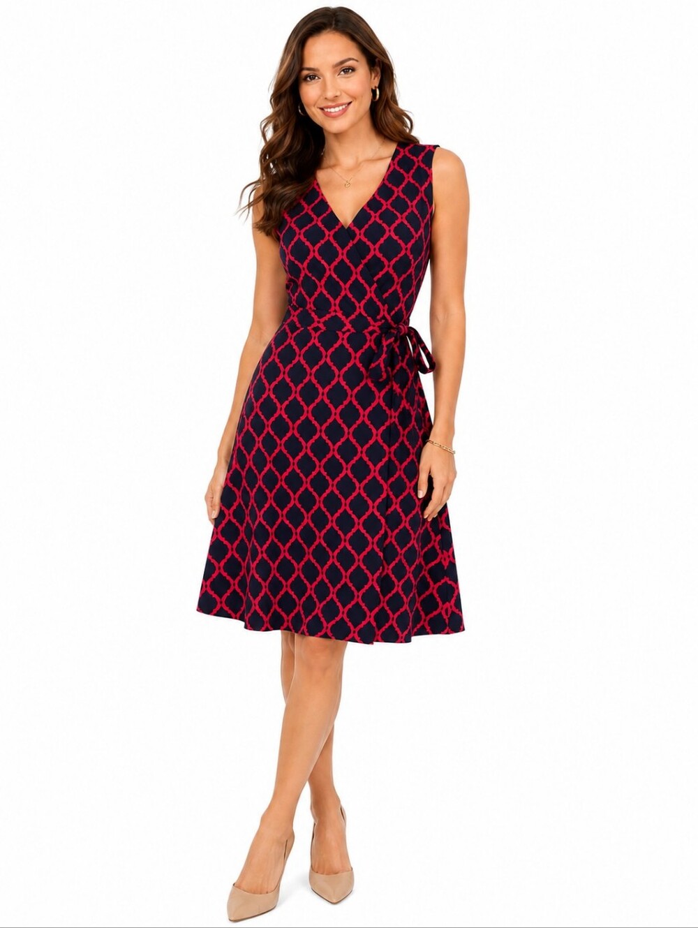 41 Hawthorn Faux Wrap Dress S Navy Red Geometric Tie Waist
